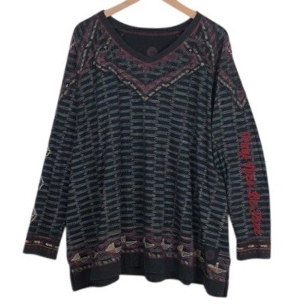 DOUBLE D RANCH 'Play Nice Be Free' Southwestern Embroidered Top Sz L Black L/S